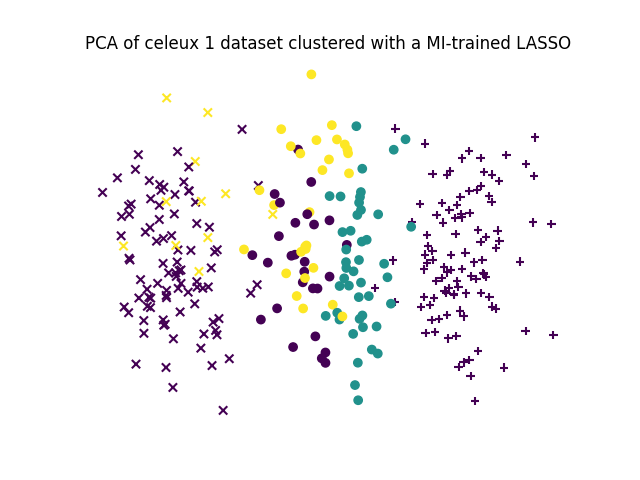 PCA of celeux 1 dataset clustered with a MI-trained LASSO